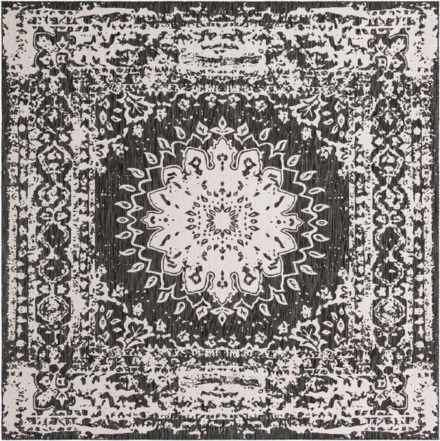 Black and White 10' x 10' Outdoor Traditional Square Area Rug Weather Resistant for Patio, Deck, Terrace, Balcony, Porch Classical Design Outside Carpet for Sale at Rug Engine