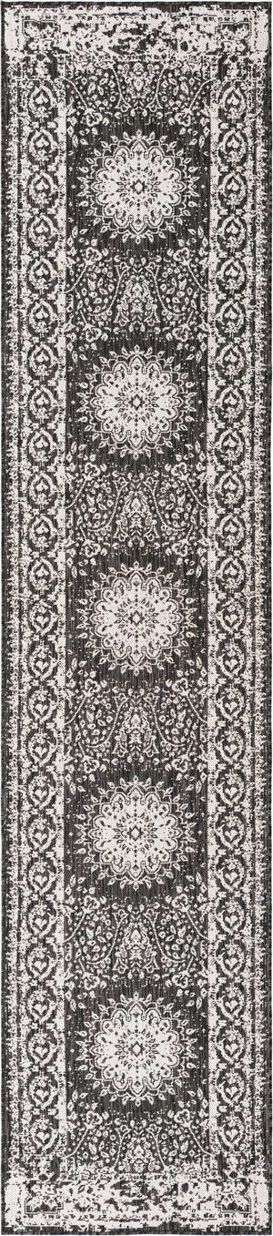 Black and White 2' 7 x 12' Outdoor Traditional Runner Area Rug Weather Resistant for Patio, Deck, Terrace, Balcony, Porch Classical Design Outside Carpet for Sale at Rug Engine