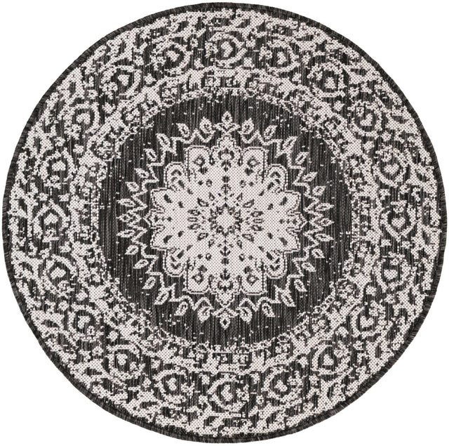 Black and White 3' 1 x 3' 1 Outdoor Traditional Round Area Rug Weather Resistant for Patio, Deck, Terrace, Balcony, Porch Classical Design Outside Carpet for Sale at Rug Engine