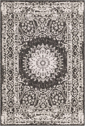 Black and White 4' 1 x 6' 1 Outdoor Traditional Rectangle Area Rug Weather Resistant for Patio, Deck, Terrace, Balcony, Porch Classical Design Outside Carpet for Sale at Rug Engine