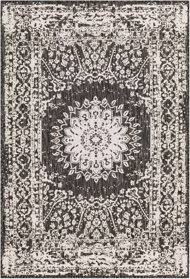 Black and White 4' 1 x 6' 1 Outdoor Traditional Rectangle Area Rug Weather Resistant for Patio, Deck, Terrace, Balcony, Porch Classical Design Outside Carpet for Sale at Rug Engine