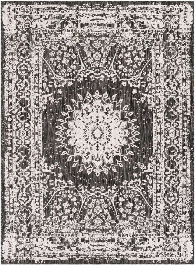 Black and White 5' 3 x 7' 1 Outdoor Traditional Rectangle Area Rug Weather Resistant for Patio, Deck, Terrace, Balcony, Porch Classical Design Outside Carpet for Sale at Rug Engine