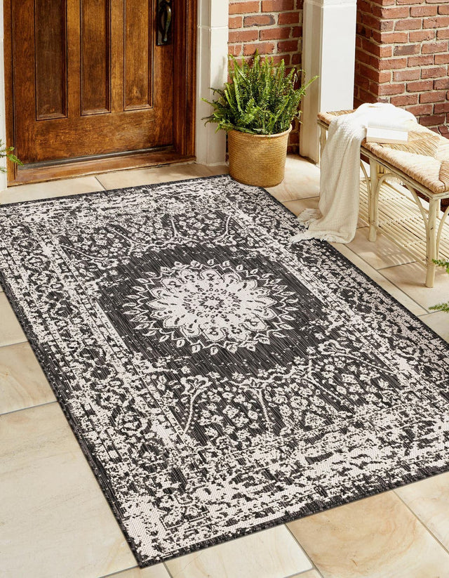Black and White 6' 1 x 9' Outdoor Traditional Rectangle Area Rug Weather Resistant for Patio, Deck, Terrace, Balcony, Porch Classical Design Outside Carpet for Sale at Rug Engine