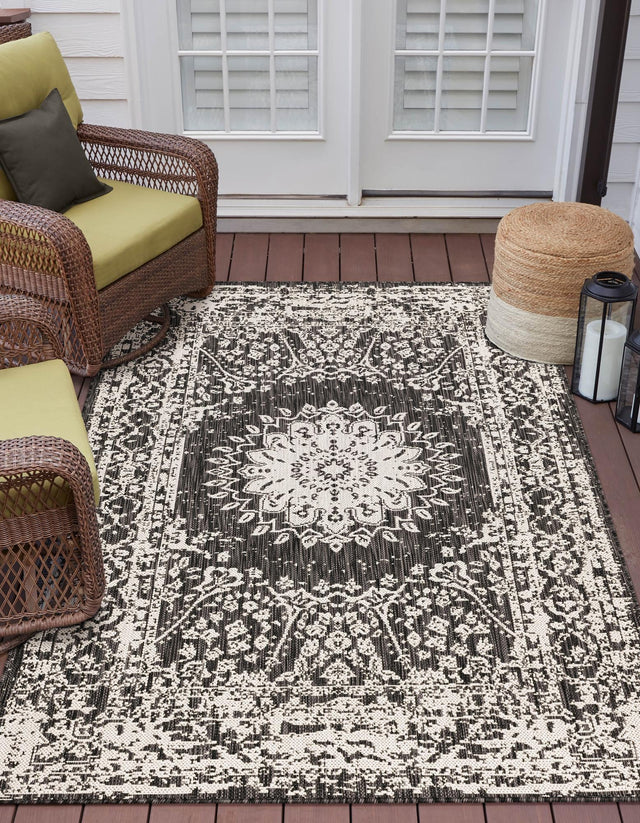 Black and White 10' x 14' 1 Outdoor Traditional Rectangle Area Rug Weather Resistant for Patio, Deck, Terrace, Balcony, Porch Classical Design Outside Carpet for Sale at Rug Engine