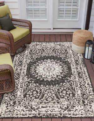 Black and White 4' 1 x 6' 1 Outdoor Traditional Rectangle Area Rug Weather Resistant for Patio, Deck, Terrace, Balcony, Porch Classical Design Outside Carpet for Sale at Rug Engine