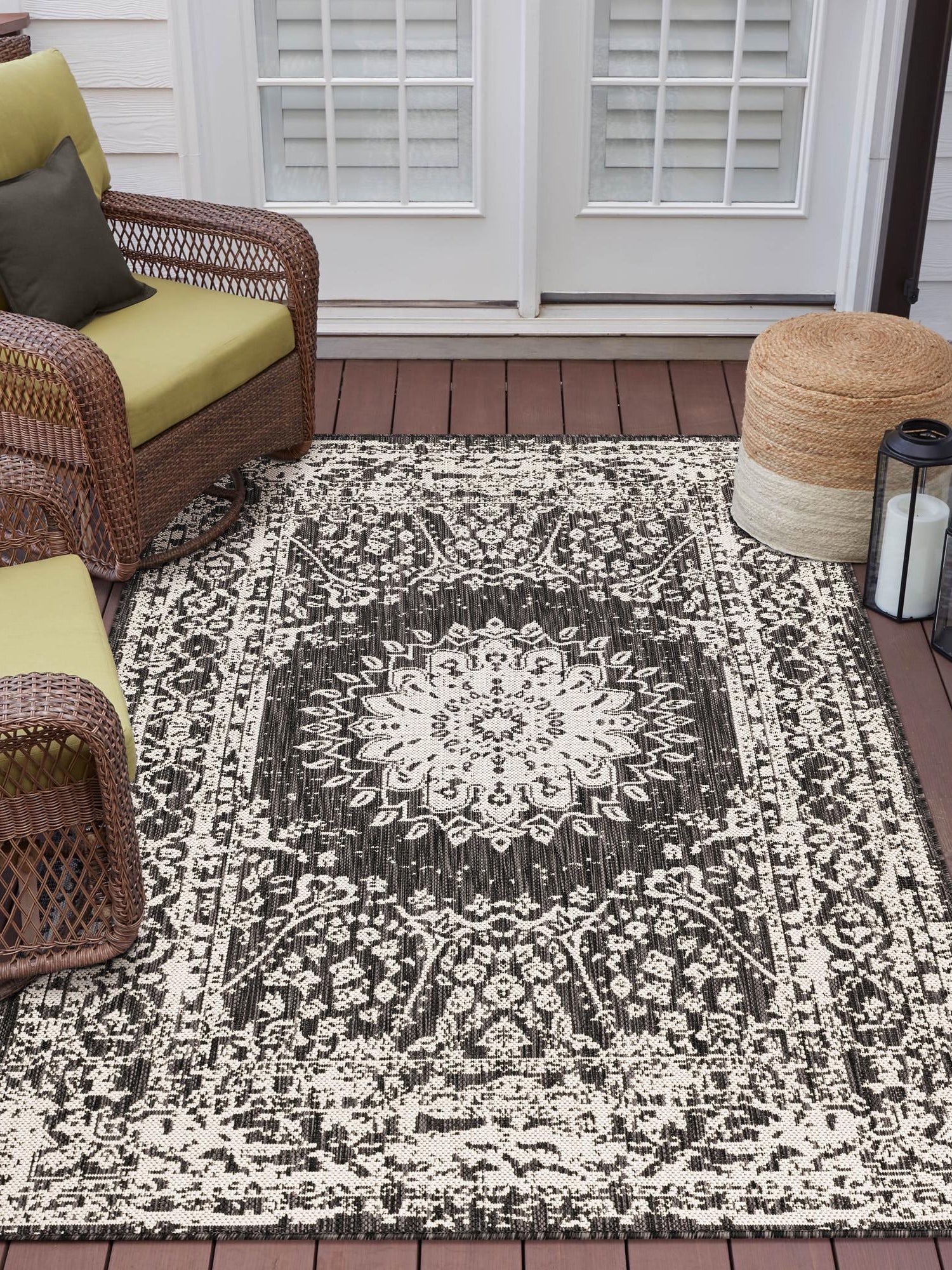 Black and White 5' 3 x 7' 1 Outdoor Traditional Rectangle Area Rug Weather Resistant for Patio, Deck, Terrace, Balcony, Porch Classical Design Outside Carpet for Sale at Rug Engine