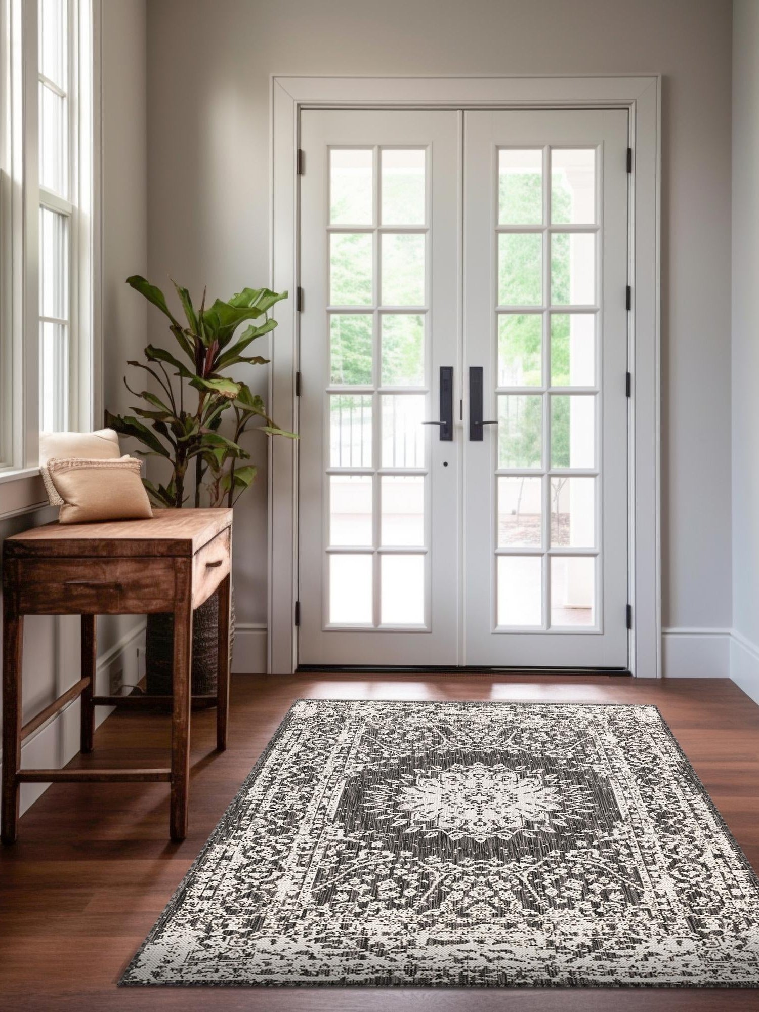 Black and White 4' 1 x 6' 1 Outdoor Traditional Rectangle Area Rug Weather Resistant for Patio, Deck, Terrace, Balcony, Porch Classical Design Outside Carpet for Sale at Rug Engine