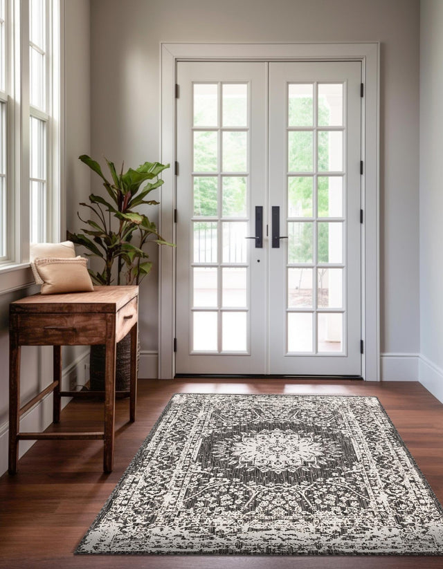 Black and White 5' 3 x 7' 1 Outdoor Traditional Rectangle Area Rug Weather Resistant for Patio, Deck, Terrace, Balcony, Porch Classical Design Outside Carpet for Sale at Rug Engine