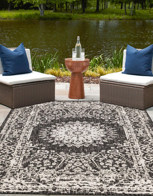 Black and White 7' 10 x 10' Outdoor Traditional Rectangle Area Rug Weather Resistant for Patio, Deck, Terrace, Balcony, Porch Classical Design Outside Carpet for Sale at Rug Engine