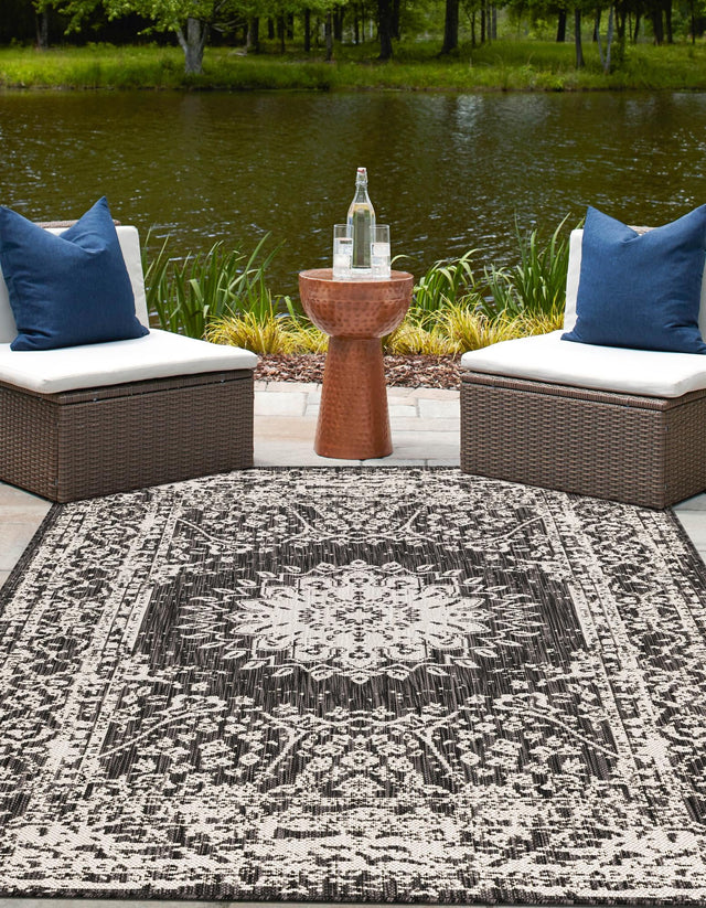 Black and White 6' 1 x 9' Outdoor Traditional Rectangle Area Rug Weather Resistant for Patio, Deck, Terrace, Balcony, Porch Classical Design Outside Carpet for Sale at Rug Engine