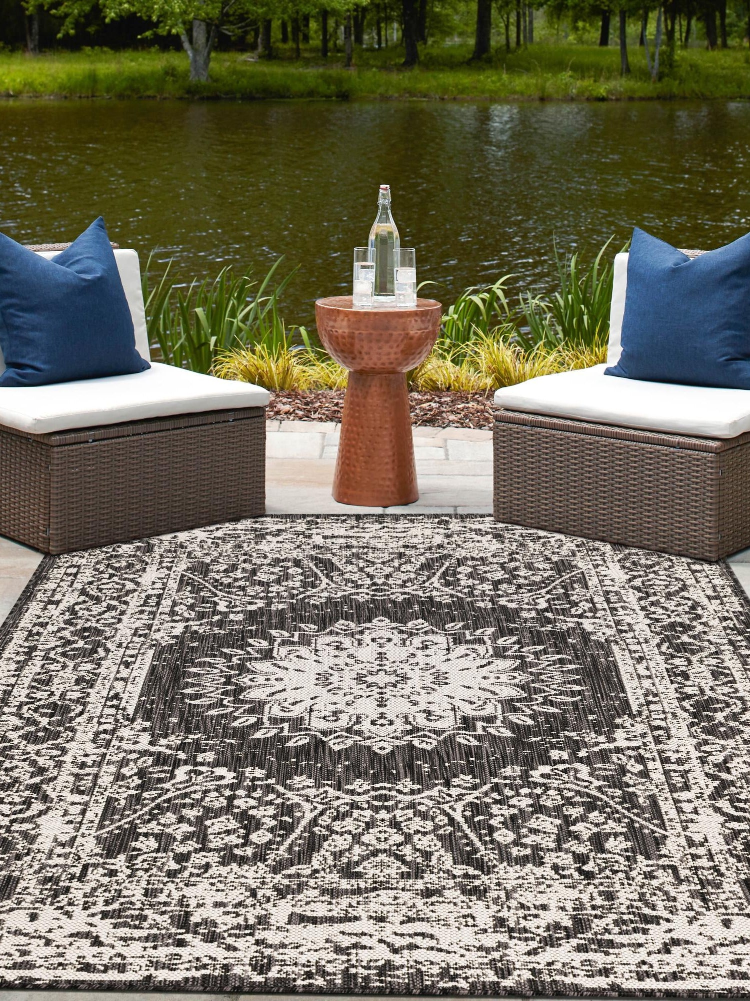 Black and White 5' 3 x 8' Outdoor Traditional Rectangle Area Rug Weather Resistant for Patio, Deck, Terrace, Balcony, Porch Classical Design Outside Carpet for Sale at Rug Engine