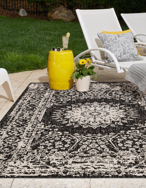 Black and White 7' 10 x 10' Outdoor Traditional Rectangle Area Rug Weather Resistant for Patio, Deck, Terrace, Balcony, Porch Classical Design Outside Carpet for Sale at Rug Engine