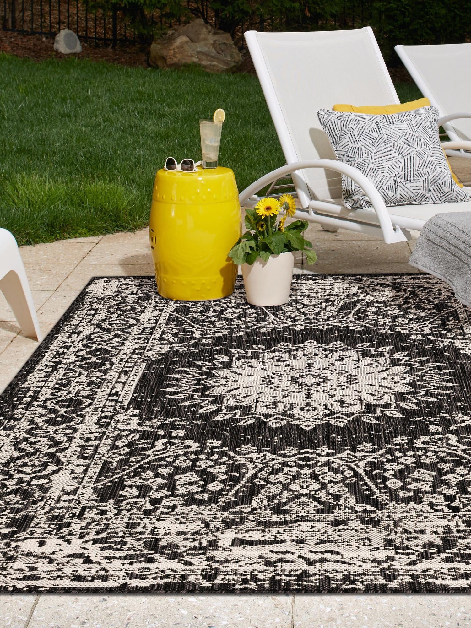 Black and White 5' 3 x 7' 1 Outdoor Traditional Rectangle Area Rug Weather Resistant for Patio, Deck, Terrace, Balcony, Porch Classical Design Outside Carpet for Sale at Rug Engine