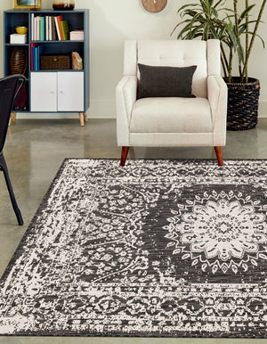 Black and White 9' x 12' Outdoor Traditional Rectangle Area Rug Weather Resistant for Patio, Deck, Terrace, Balcony, Porch Classical Design Outside Carpet for Sale at Rug Engine