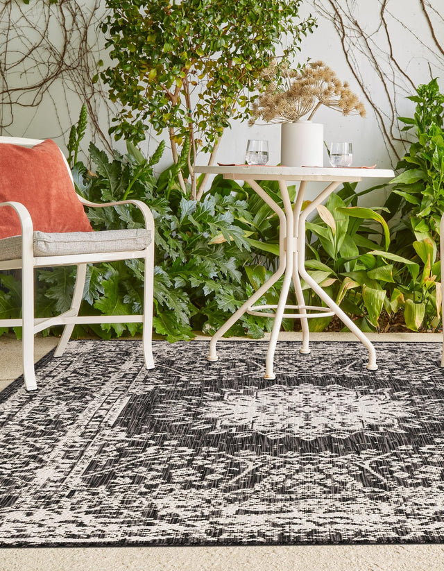 Black and White 7' 10 x 10' Outdoor Traditional Rectangle Area Rug Weather Resistant for Patio, Deck, Terrace, Balcony, Porch Classical Design Outside Carpet for Sale at Rug Engine