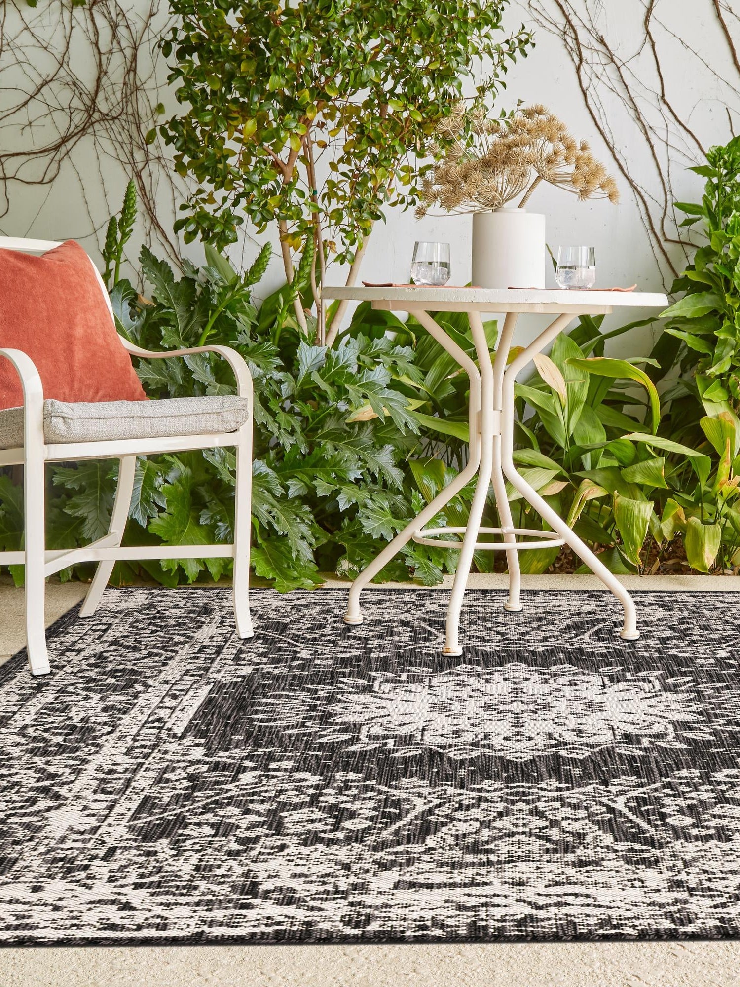 Black and White 6' 1 x 9' Outdoor Traditional Rectangle Area Rug Weather Resistant for Patio, Deck, Terrace, Balcony, Porch Classical Design Outside Carpet for Sale at Rug Engine