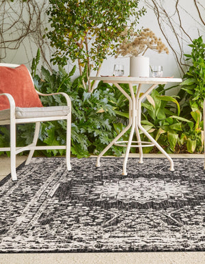 Black and White 6' 1 x 9' Outdoor Traditional Rectangle Area Rug Weather Resistant for Patio, Deck, Terrace, Balcony, Porch Classical Design Outside Carpet for Sale at Rug Engine