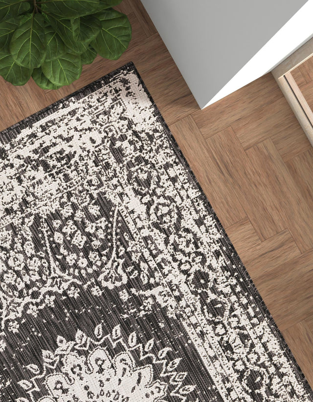 Black and White 5' 3 x 7' 1 Outdoor Traditional Rectangle Area Rug Weather Resistant for Patio, Deck, Terrace, Balcony, Porch Classical Design Outside Carpet for Sale at Rug Engine