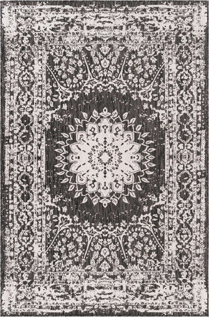 Black and White 5' 3 x 8' Outdoor Traditional Rectangle Area Rug Weather Resistant for Patio, Deck, Terrace, Balcony, Porch Classical Design Outside Carpet for Sale at Rug Engine