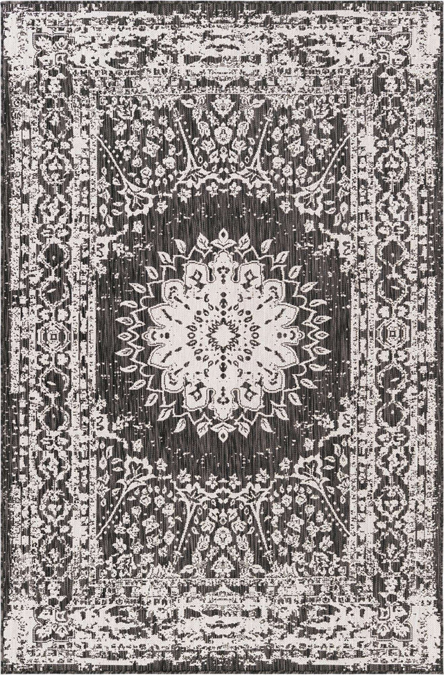 Black and White 5' 3 x 8' Outdoor Traditional Rectangle Area Rug Weather Resistant for Patio, Deck, Terrace, Balcony, Porch Classical Design Outside Carpet for Sale at Rug Engine