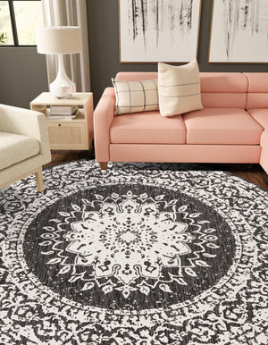 Black and White 10' x 10' Outdoor Traditional Round Area Rug Weather Resistant for Patio, Deck, Terrace, Balcony, Porch Classical Design Outside Carpet for Sale at Rug Engine