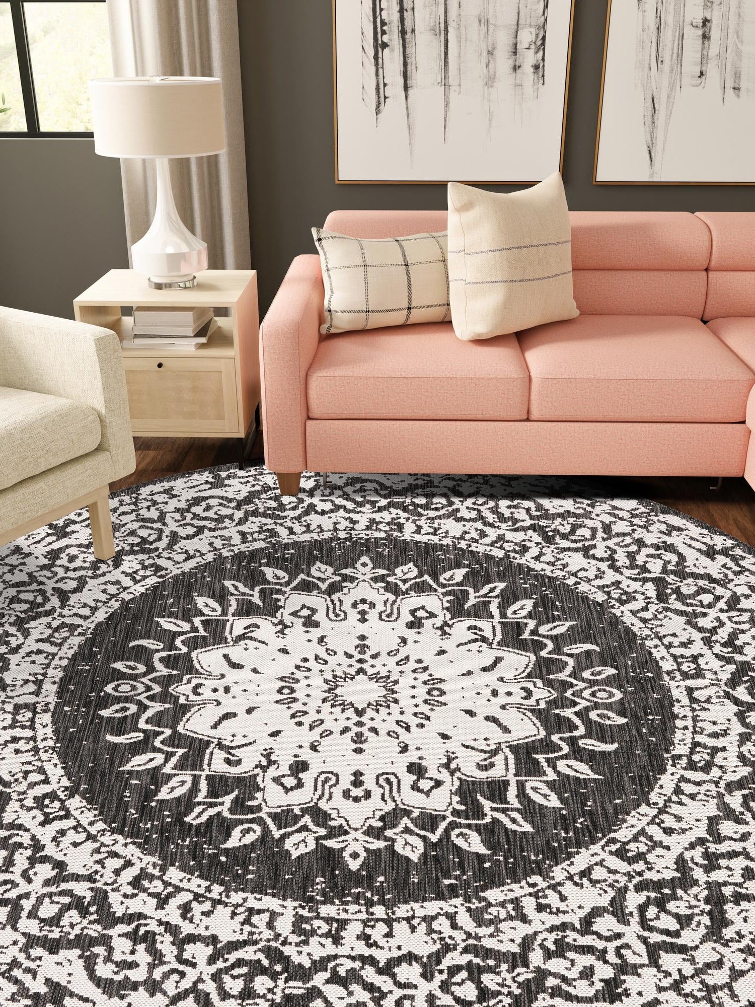 Black and White 7' 10 x 7' 10 Outdoor Traditional Round Area Rug Weather Resistant for Patio, Deck, Terrace, Balcony, Porch Classical Design Outside Carpet for Sale at Rug Engine