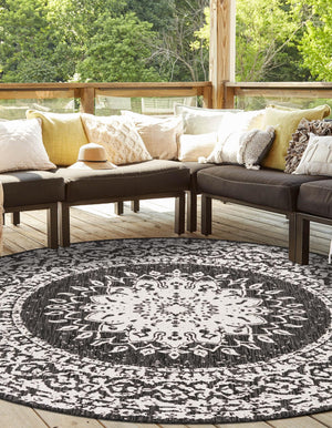 Black and White 7' 10 x 7' 10 Outdoor Traditional Round Area Rug Weather Resistant for Patio, Deck, Terrace, Balcony, Porch Classical Design Outside Carpet for Sale at Rug Engine