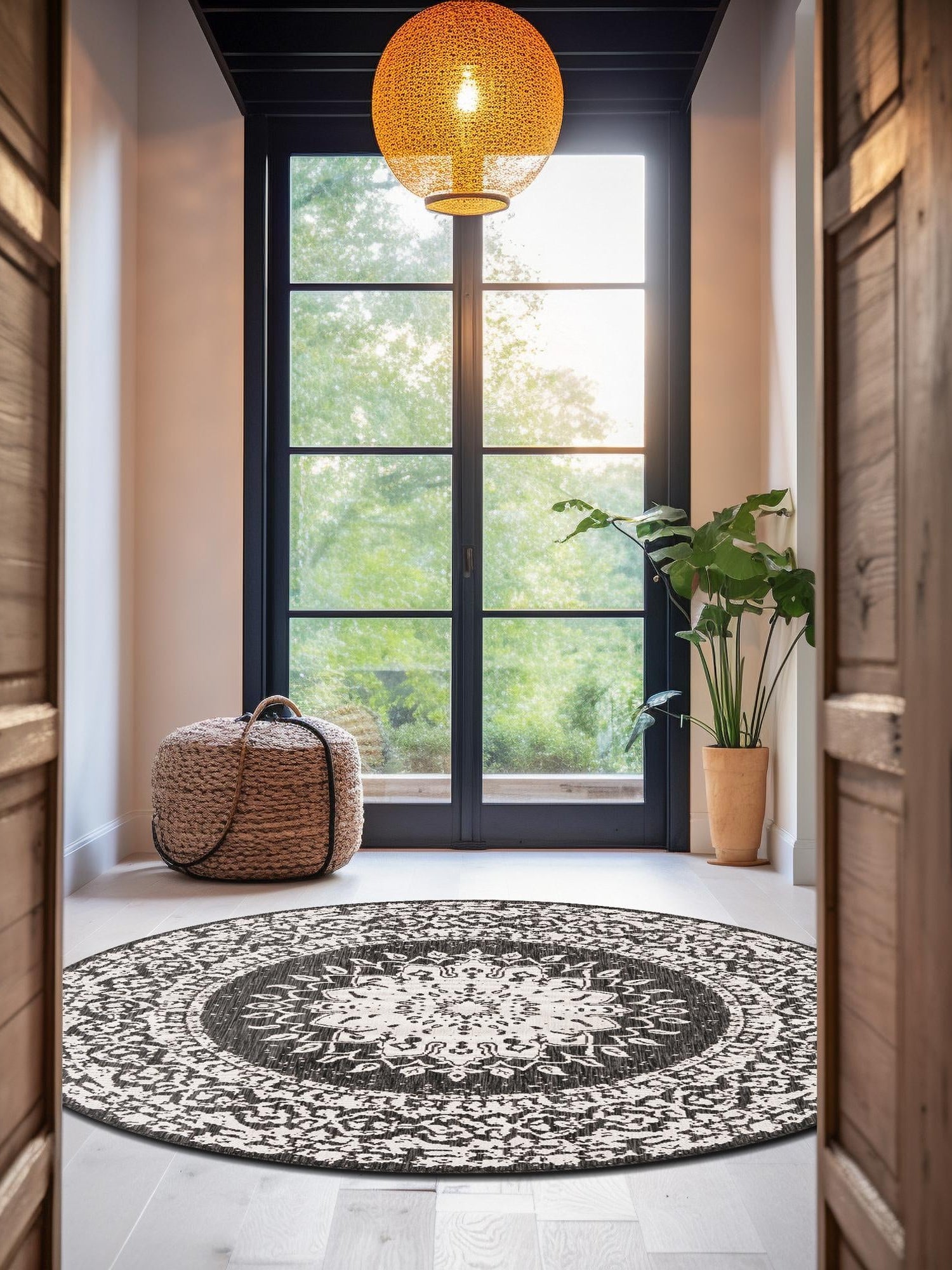Black and White 12' x 12' Outdoor Traditional Round Area Rug Weather Resistant for Patio, Deck, Terrace, Balcony, Porch Classical Design Outside Carpet for Sale at Rug Engine