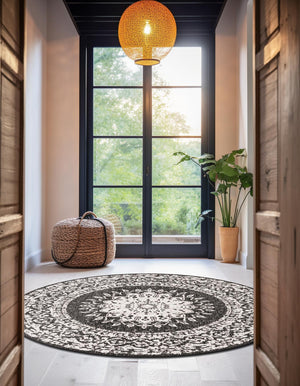 Black and White 7' 10 x 7' 10 Outdoor Traditional Round Area Rug Weather Resistant for Patio, Deck, Terrace, Balcony, Porch Classical Design Outside Carpet for Sale at Rug Engine