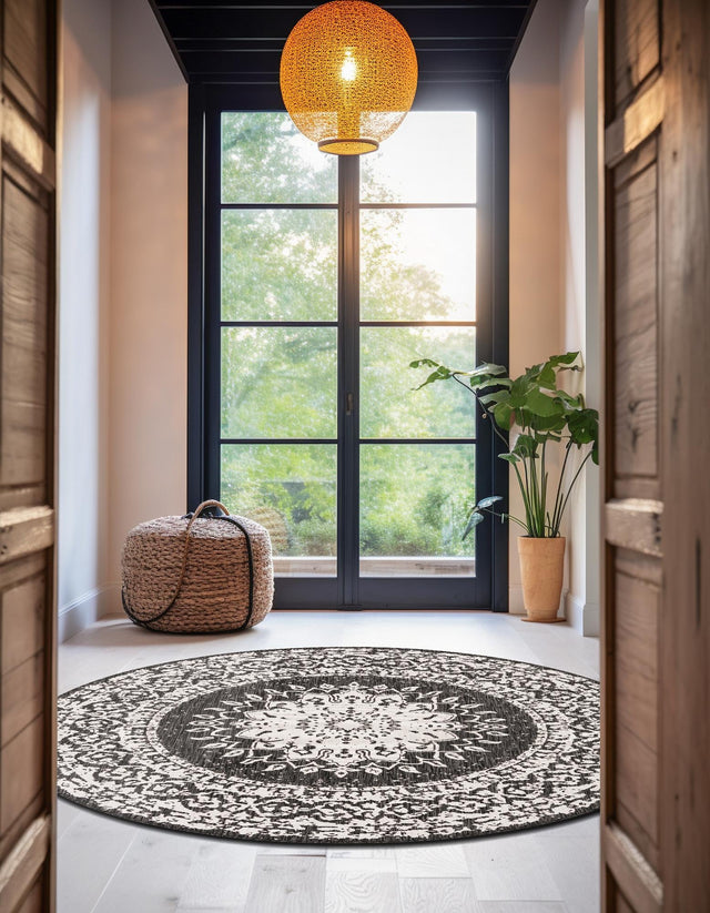 Black and White 7' 10 x 7' 10 Outdoor Traditional Round Area Rug Weather Resistant for Patio, Deck, Terrace, Balcony, Porch Classical Design Outside Carpet for Sale at Rug Engine