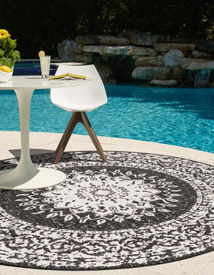 Black and White 3' 1 x 3' 1 Outdoor Traditional Round Area Rug Weather Resistant for Patio, Deck, Terrace, Balcony, Porch Classical Design Outside Carpet for Sale at Rug Engine