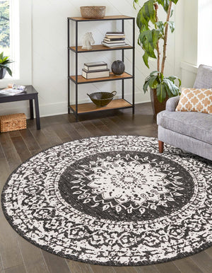 Black and White 10' x 10' Outdoor Traditional Round Area Rug Weather Resistant for Patio, Deck, Terrace, Balcony, Porch Classical Design Outside Carpet for Sale at Rug Engine