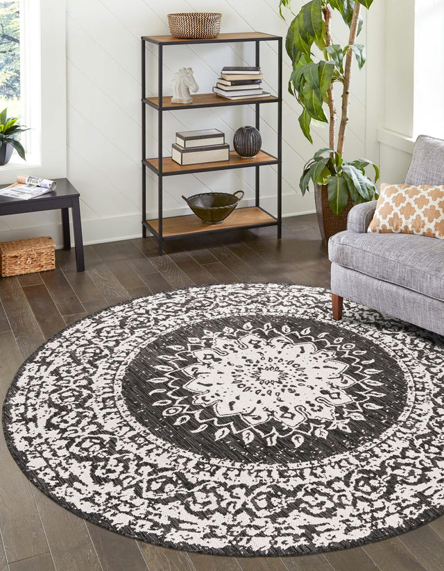 Black and White 7' 10 x 7' 10 Outdoor Traditional Round Area Rug Weather Resistant for Patio, Deck, Terrace, Balcony, Porch Classical Design Outside Carpet for Sale at Rug Engine