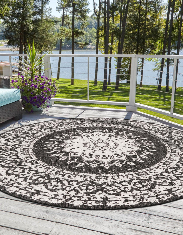Black and White 3' 1 x 3' 1 Outdoor Traditional Round Area Rug Weather Resistant for Patio, Deck, Terrace, Balcony, Porch Classical Design Outside Carpet for Sale at Rug Engine
