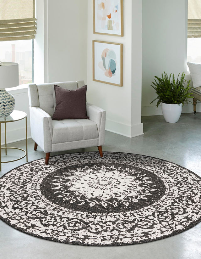 Black and White 7' 10 x 7' 10 Outdoor Traditional Round Area Rug Weather Resistant for Patio, Deck, Terrace, Balcony, Porch Classical Design Outside Carpet for Sale at Rug Engine