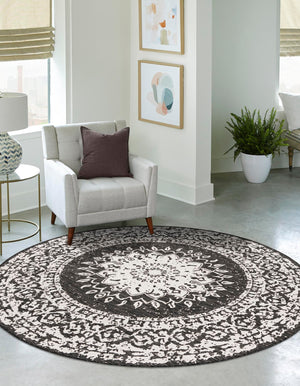 Black and White 3' 1 x 3' 1 Outdoor Traditional Round Area Rug Weather Resistant for Patio, Deck, Terrace, Balcony, Porch Classical Design Outside Carpet for Sale at Rug Engine