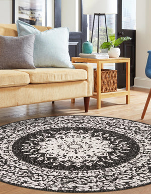 Black and White 7' 10 x 7' 10 Outdoor Traditional Round Area Rug Weather Resistant for Patio, Deck, Terrace, Balcony, Porch Classical Design Outside Carpet for Sale at Rug Engine