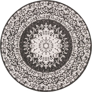 Black and White 6' 1 x 6' 1 Outdoor Traditional Round Area Rug Weather Resistant for Patio, Deck, Terrace, Balcony, Porch Classical Design Outside Carpet for Sale at Rug Engine