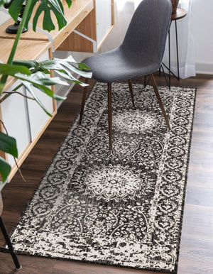 Black and White 2' x 8' Outdoor Traditional Runner Area Rug Weather Resistant for Patio, Deck, Terrace, Balcony, Porch Classical Design Outside Carpet for Sale at Rug Engine
