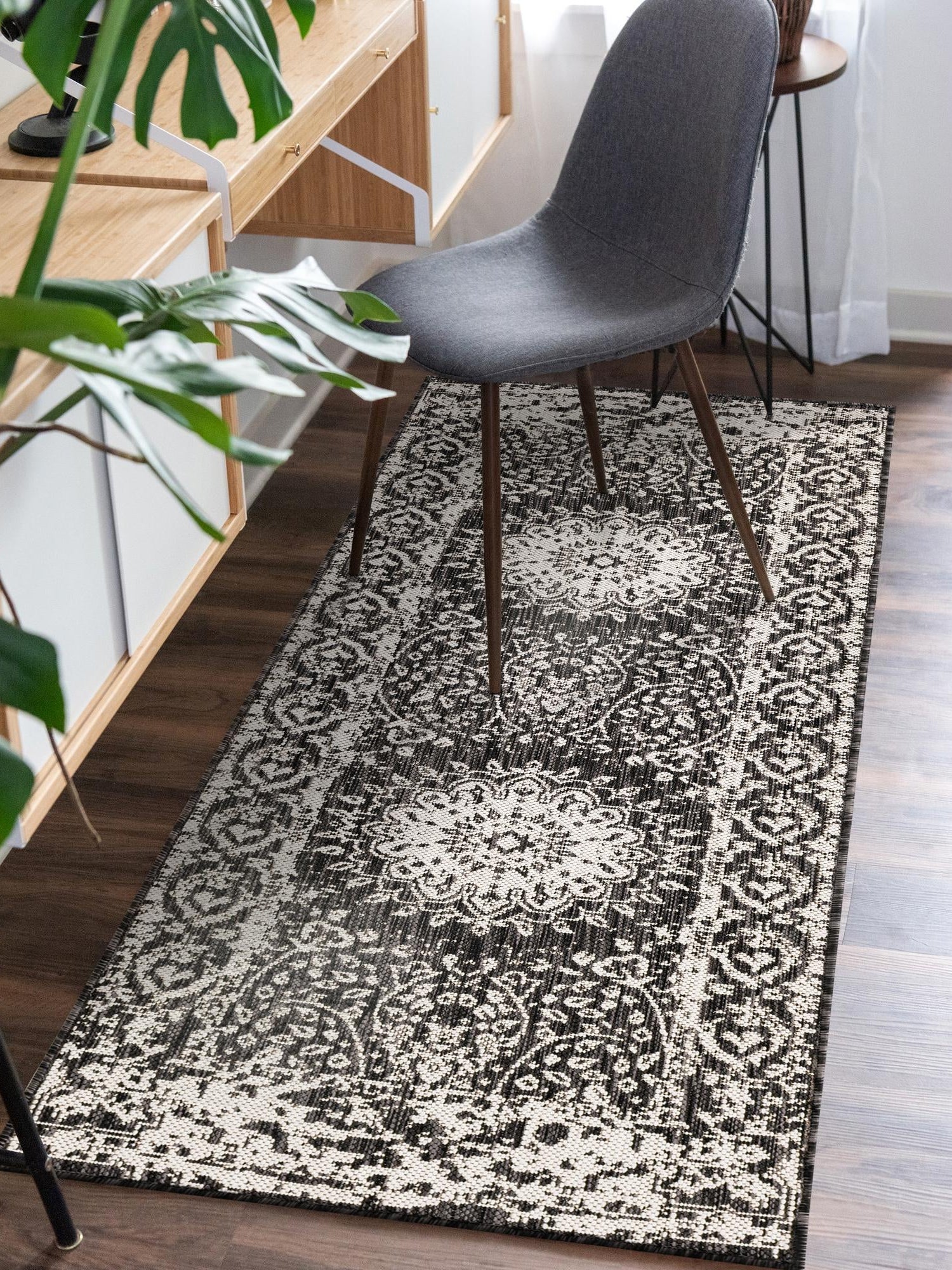 Black and White 2' x 4' 1 Outdoor Traditional Runner Area Rug Weather Resistant for Patio, Deck, Terrace, Balcony, Porch Classical Design Outside Carpet for Sale at Rug Engine