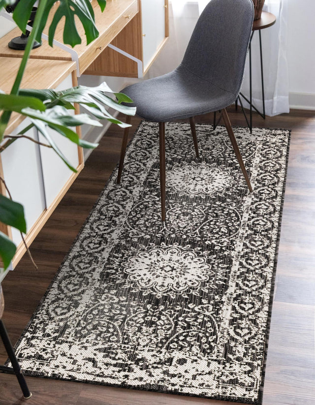 Black and White 2' x 4' 1 Outdoor Traditional Runner Area Rug Weather Resistant for Patio, Deck, Terrace, Balcony, Porch Classical Design Outside Carpet for Sale at Rug Engine