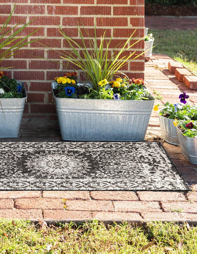 Black and White 2' x 6' 1 Outdoor Traditional Runner Area Rug Weather Resistant for Patio, Deck, Terrace, Balcony, Porch Classical Design Outside Carpet for Sale at Rug Engine