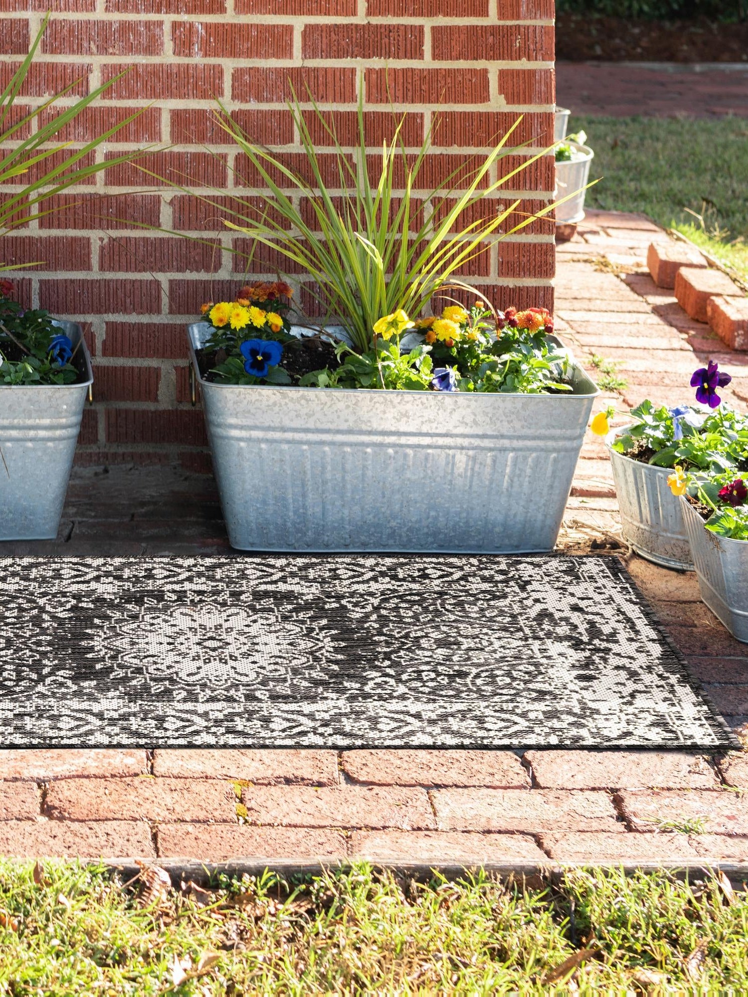 Black and White 2' x 4' 1 Outdoor Traditional Runner Area Rug Weather Resistant for Patio, Deck, Terrace, Balcony, Porch Classical Design Outside Carpet for Sale at Rug Engine