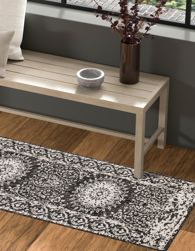 Black and White 2' x 8' Outdoor Traditional Runner Area Rug Weather Resistant for Patio, Deck, Terrace, Balcony, Porch Classical Design Outside Carpet for Sale at Rug Engine