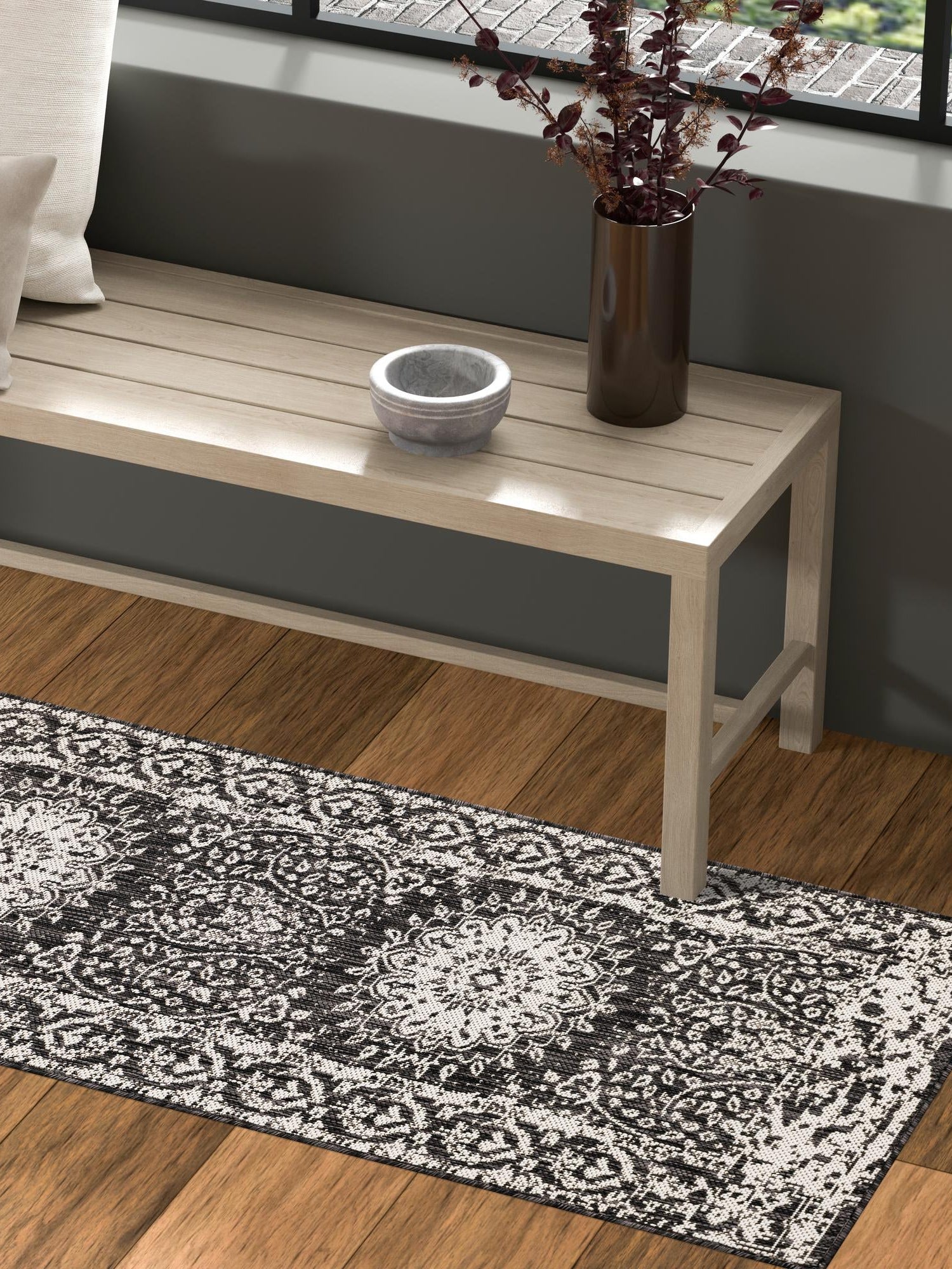 Black and White 2' x 4' 1 Outdoor Traditional Runner Area Rug Weather Resistant for Patio, Deck, Terrace, Balcony, Porch Classical Design Outside Carpet for Sale at Rug Engine