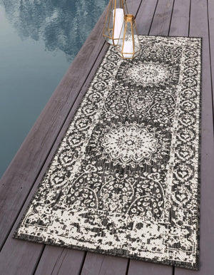 Black and White 2' x 5' 3 Outdoor Traditional Runner Area Rug Weather Resistant for Patio, Deck, Terrace, Balcony, Porch Classical Design Outside Carpet for Sale at Rug Engine