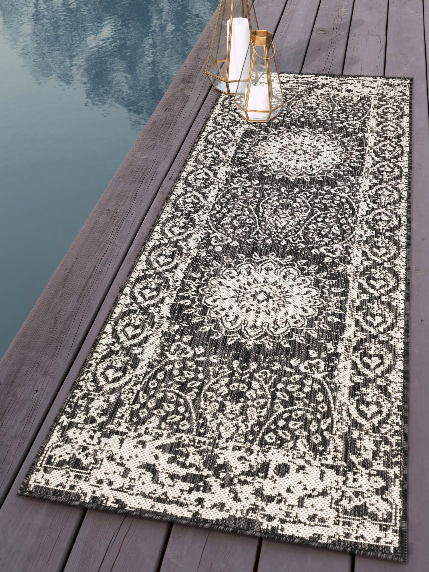 Black and White 2' 7 x 12' Outdoor Traditional Runner Area Rug Weather Resistant for Patio, Deck, Terrace, Balcony, Porch Classical Design Outside Carpet for Sale at Rug Engine