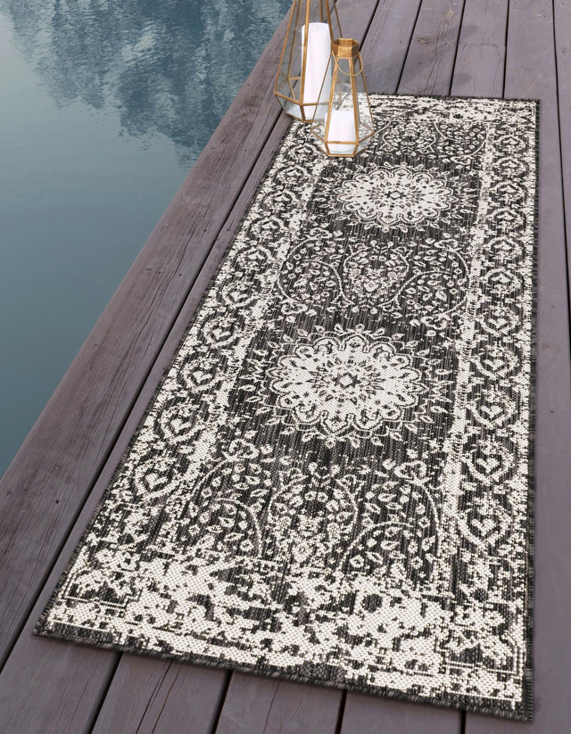 Black and White 2' x 8' Outdoor Traditional Runner Area Rug Weather Resistant for Patio, Deck, Terrace, Balcony, Porch Classical Design Outside Carpet for Sale at Rug Engine