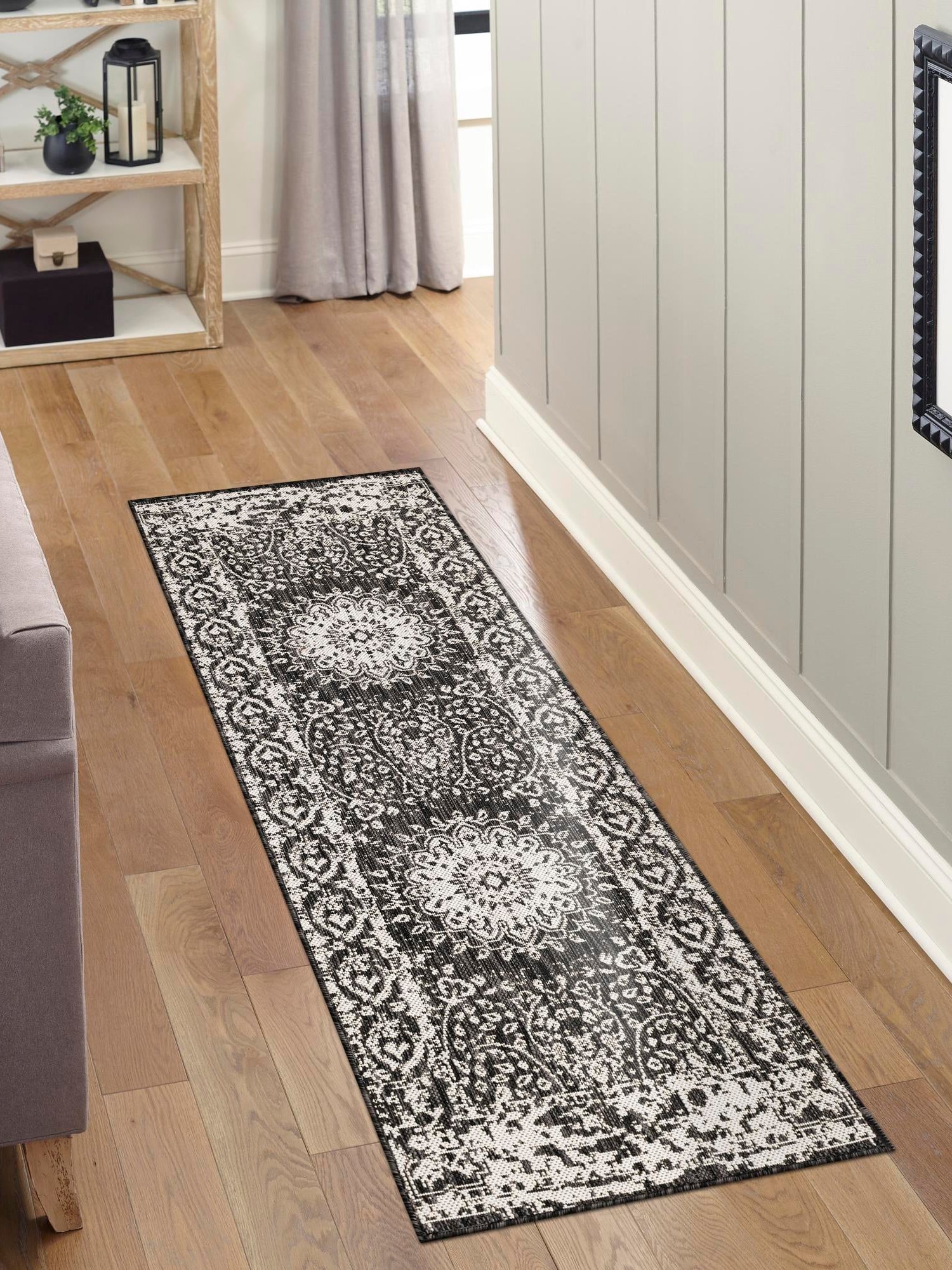 Black and White 2' x 6' 1 Outdoor Traditional Runner Area Rug Weather Resistant for Patio, Deck, Terrace, Balcony, Porch Classical Design Outside Carpet for Sale at Rug Engine