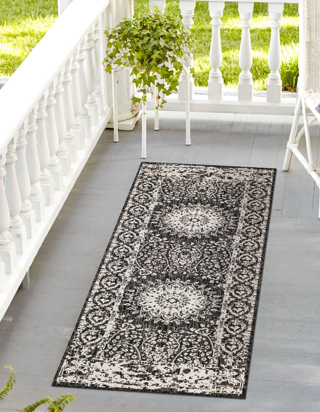 Black and White 2' x 8' Outdoor Traditional Runner Area Rug Weather Resistant for Patio, Deck, Terrace, Balcony, Porch Classical Design Outside Carpet for Sale at Rug Engine